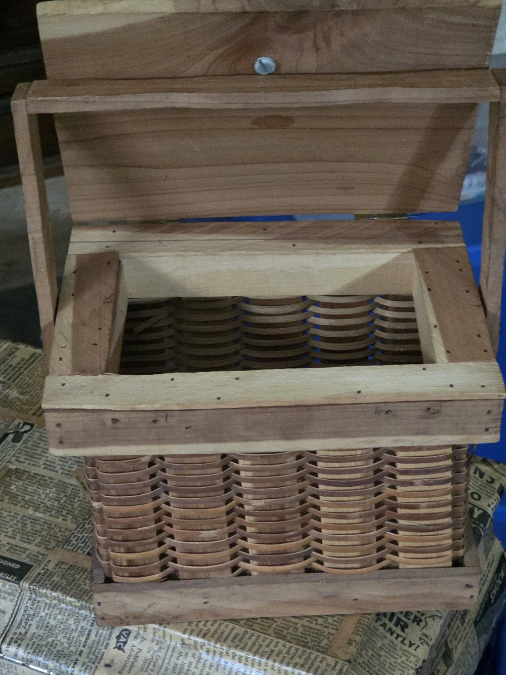 Wooden Woven Basket Box with Lift-Up Lid - Natural Wood